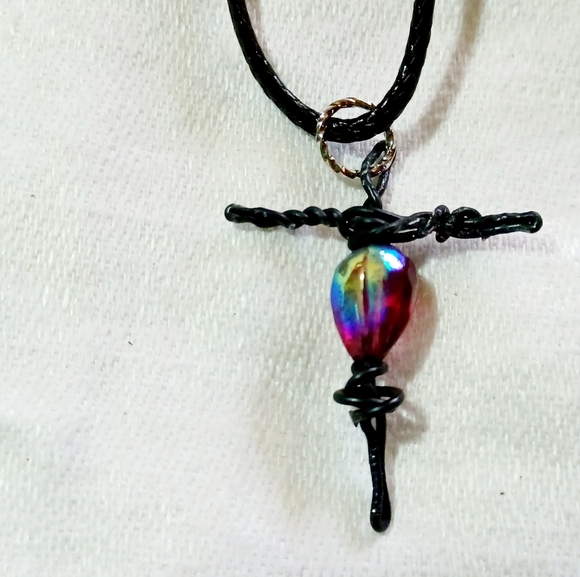 Handmade, wire, glass bead,  cross, purple, beaded pendant, necklace, charm - Picture 5 of 5